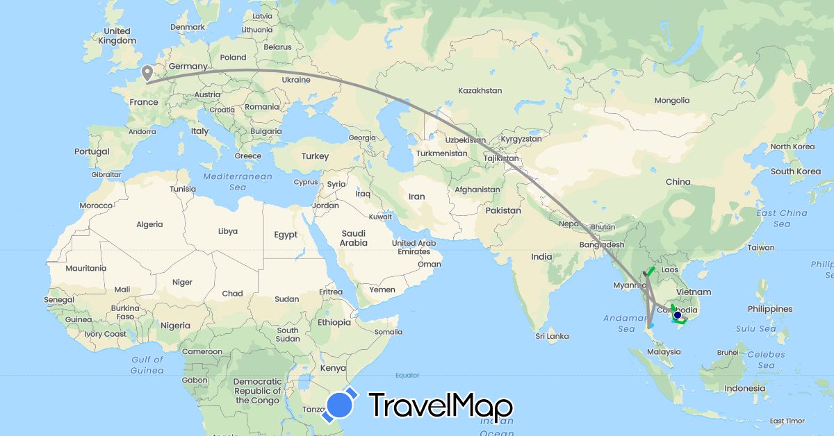TravelMap itinerary: driving, bus, plane, boat, motorbike in France, Cambodia, Thailand, Vietnam (Asia, Europe)
